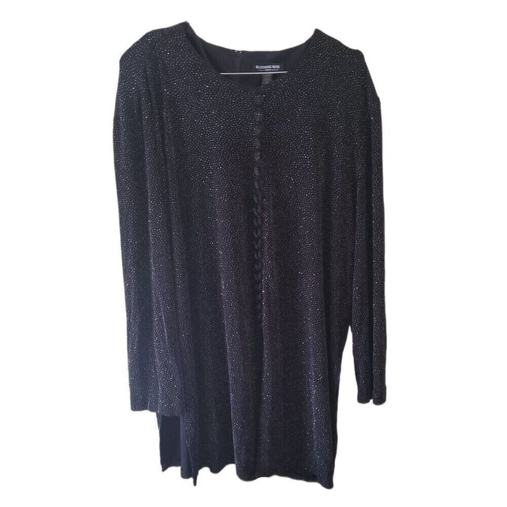 Blooming Rose Black Sparkly Faux Button Down Front Long Sleeve Blouse
